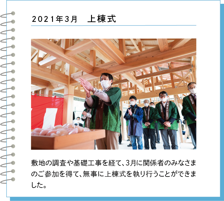 2021年3月 上棟式 敷地の調査や基礎工事を経て、３月に関係者のみなさまのご参加を得て、無事に上棟式を執り行うことができました。
