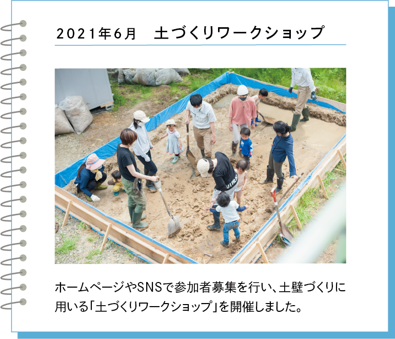 2021年6月 土づくりワークショップ ホームページやSNSで参加者募集を行い、土壁づくりに用いる「土づくりワークショップ」を開催しました。